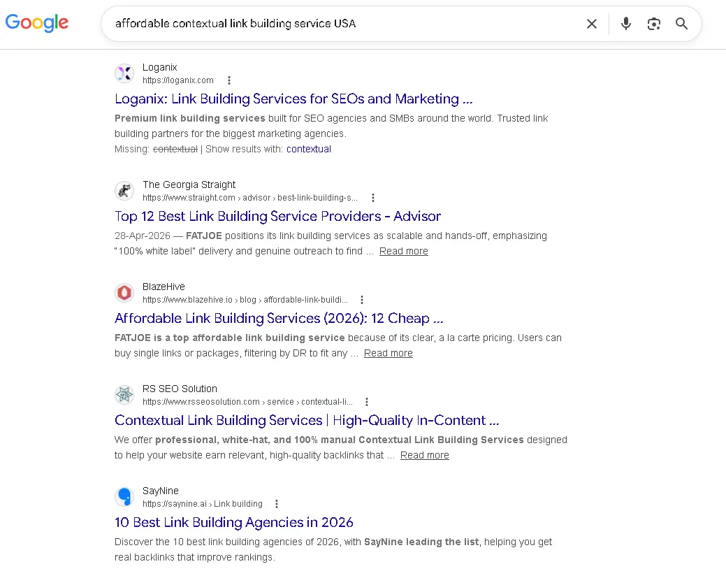 Google SERP results for affordable contextual link building service USA