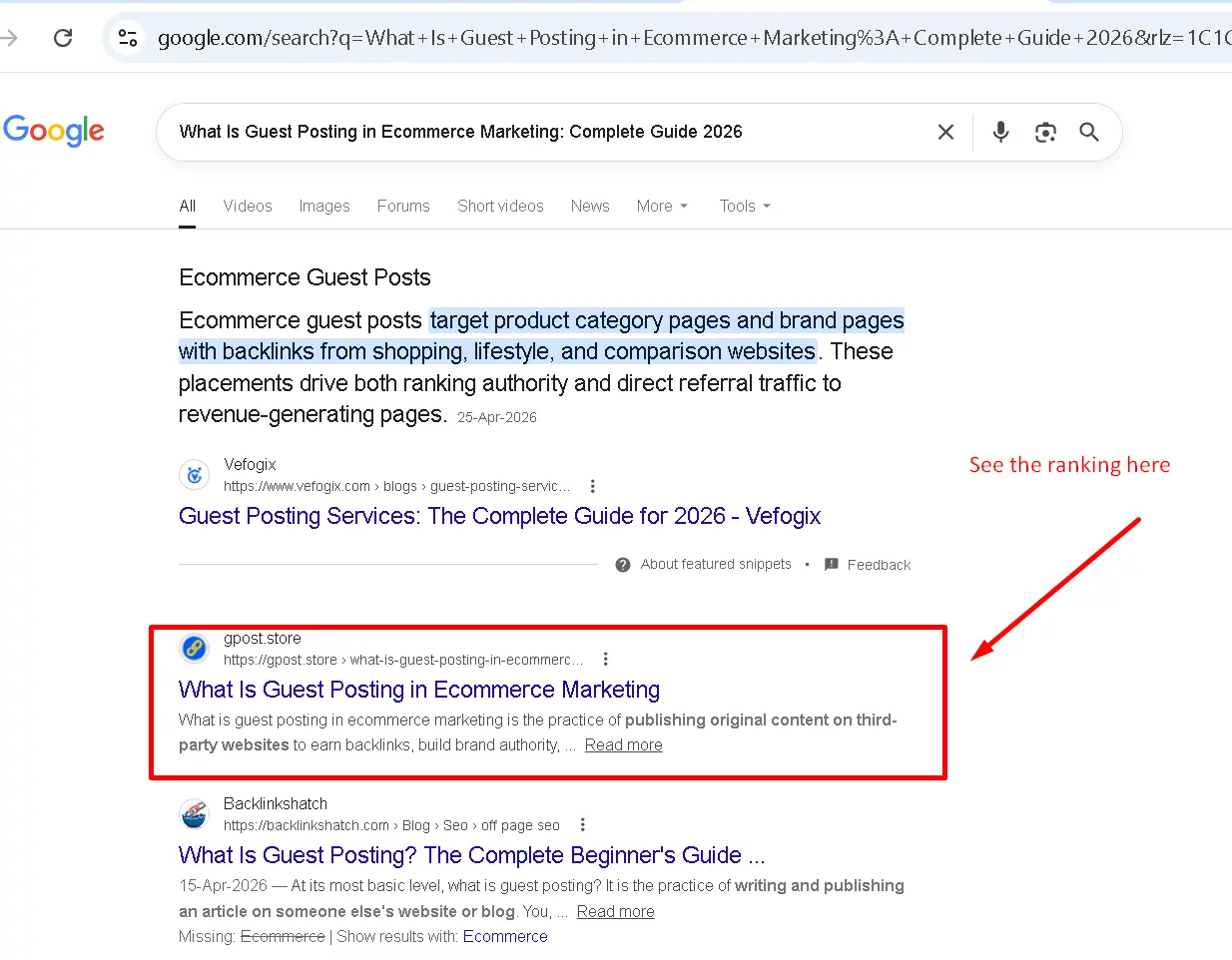 Google SERP showing page one rankings achieved through affordable guest posting agency USA campaign