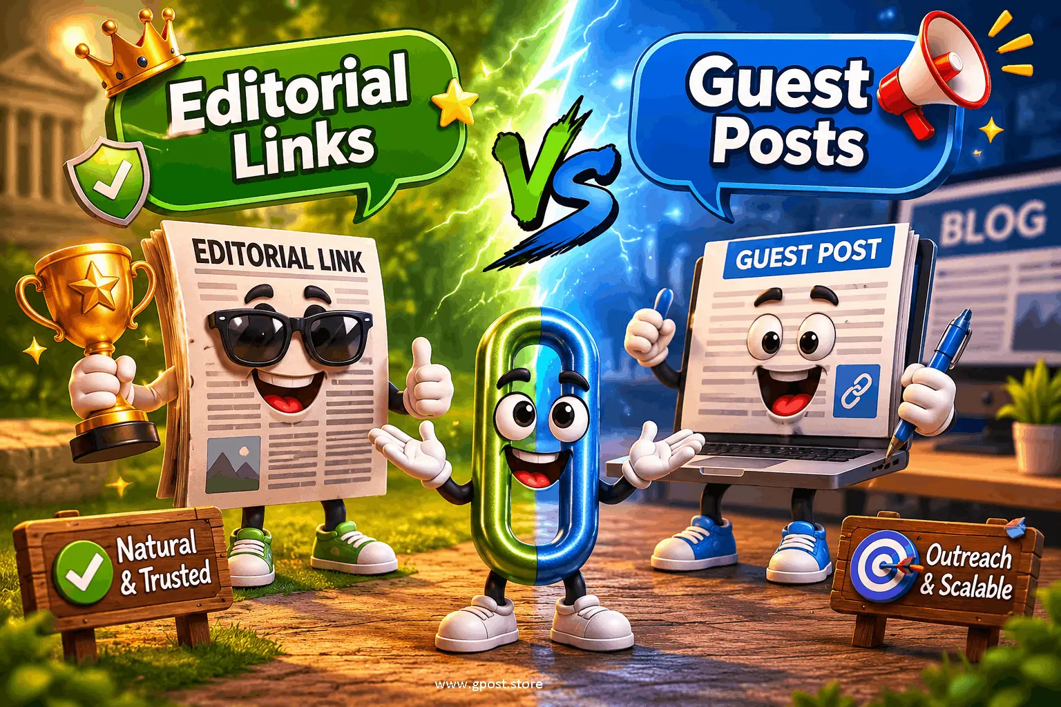 Difference between editorial links and guest posts SEO comparison diagram