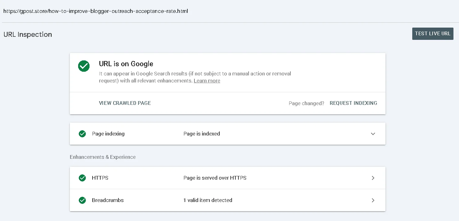 Google Search Console URL inspection tool confirming guest post placement is indexed and delivering SEO value