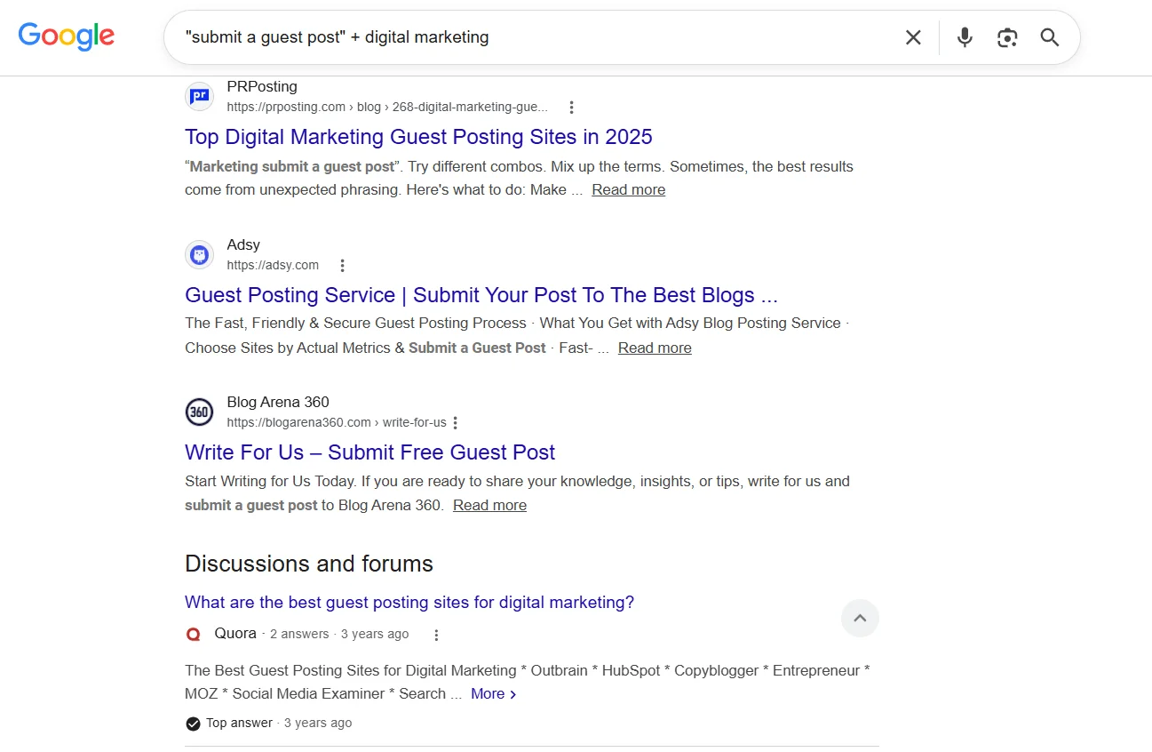 Google search results showing guest post opportunities using write for us search operator in SEO niche
