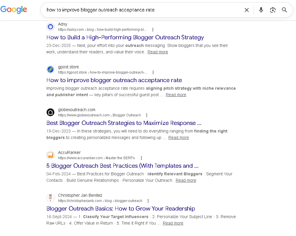 Google SERP results for how to improve blogger outreach acceptance rate keyword in 2026