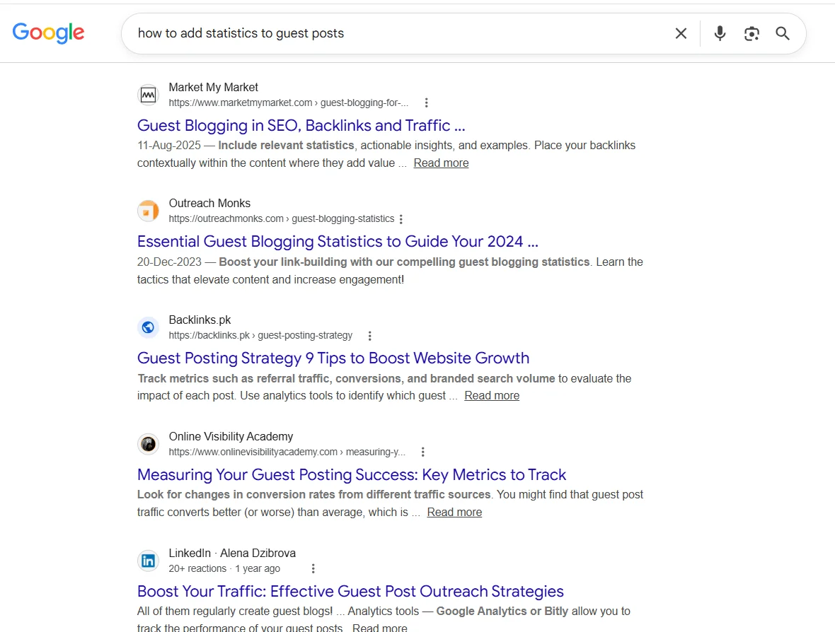 Google SERP results showing data-backed guest post articles ranking on page one for statistics citation queries