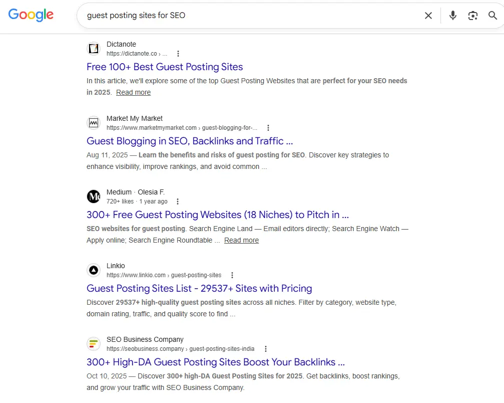 Google SERP screenshot showing high-quality editorial results ranking above thin guest post content for competitive SEO keyword
