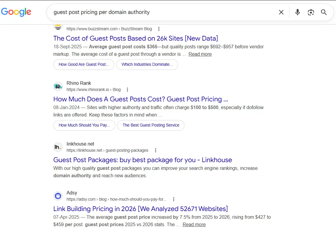 Google SERP screenshot for the search query guest post pricing per domain authority showing top ranking results in 2025