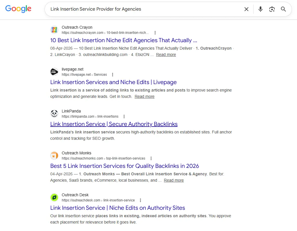 Google search results for link insertion services