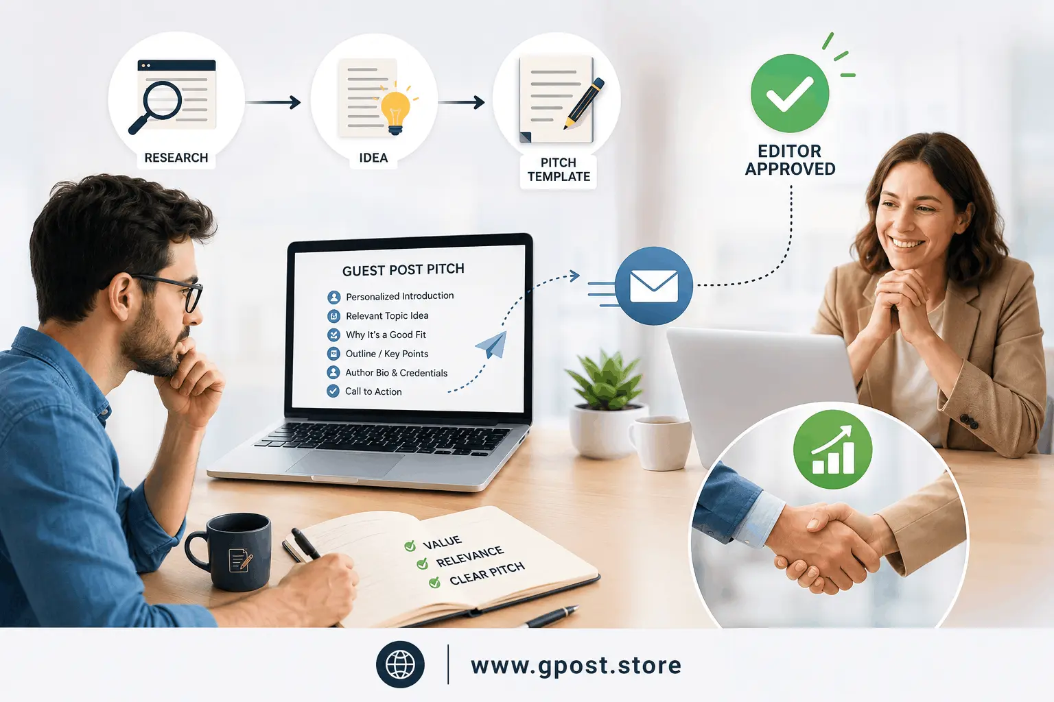 Guest post pitch templates, outreach email strategy, editor approval process, guest blogging workflow, and link building campaign diagram