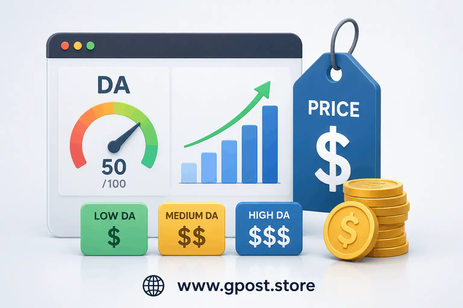 modern guest post pricing infographic showing domain authority tiers, pricing chart, growth graph and www.gpost.store branding