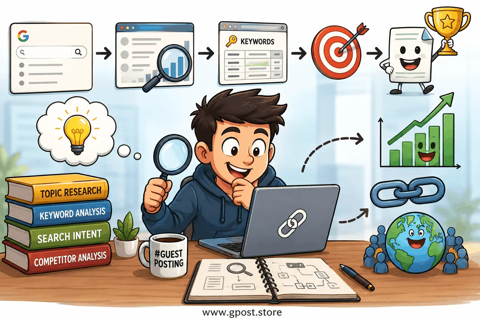 Guest post topic research method step by step SEO workflow diagram