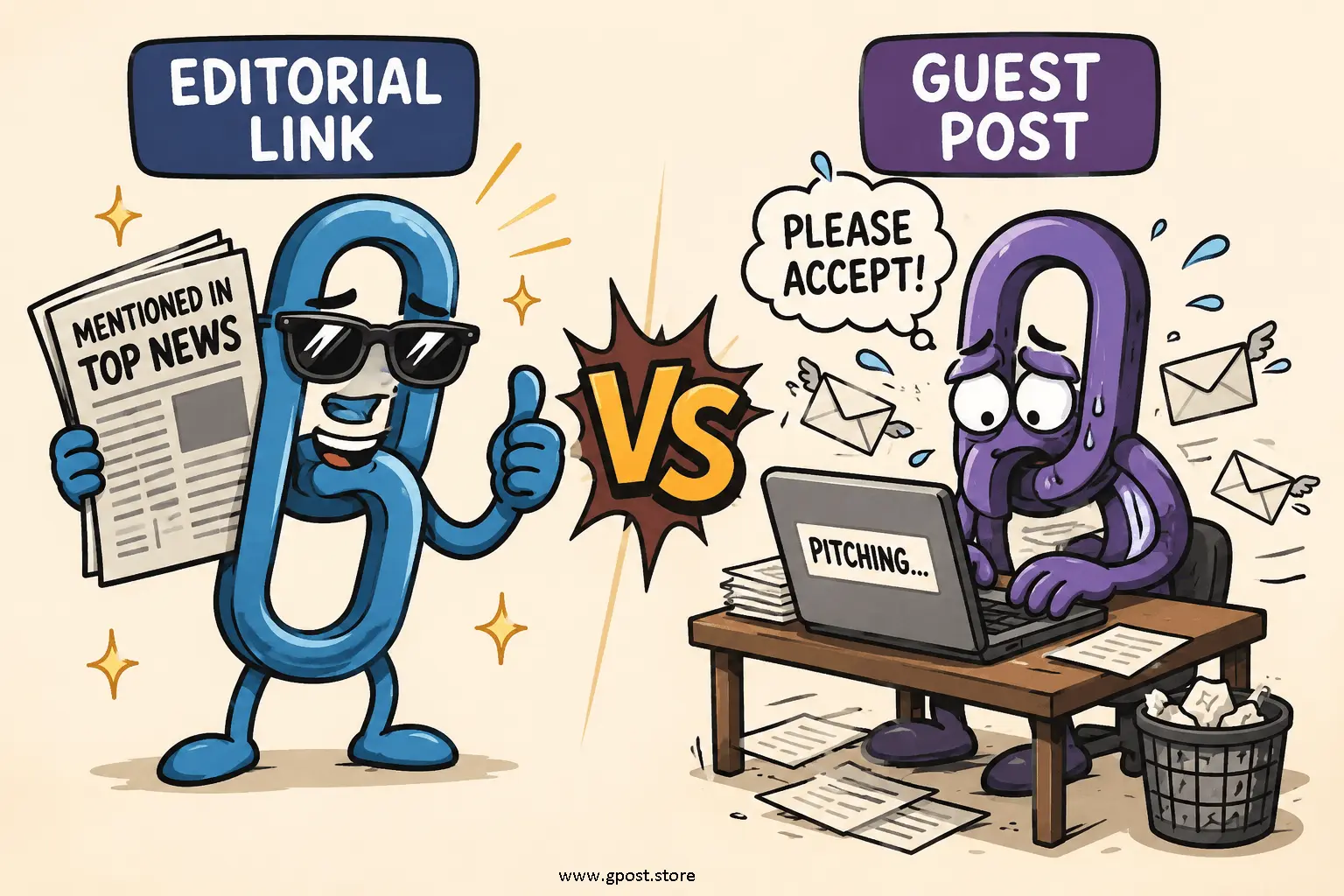 Difference between editorial links and guest posts SEO comparison diagram