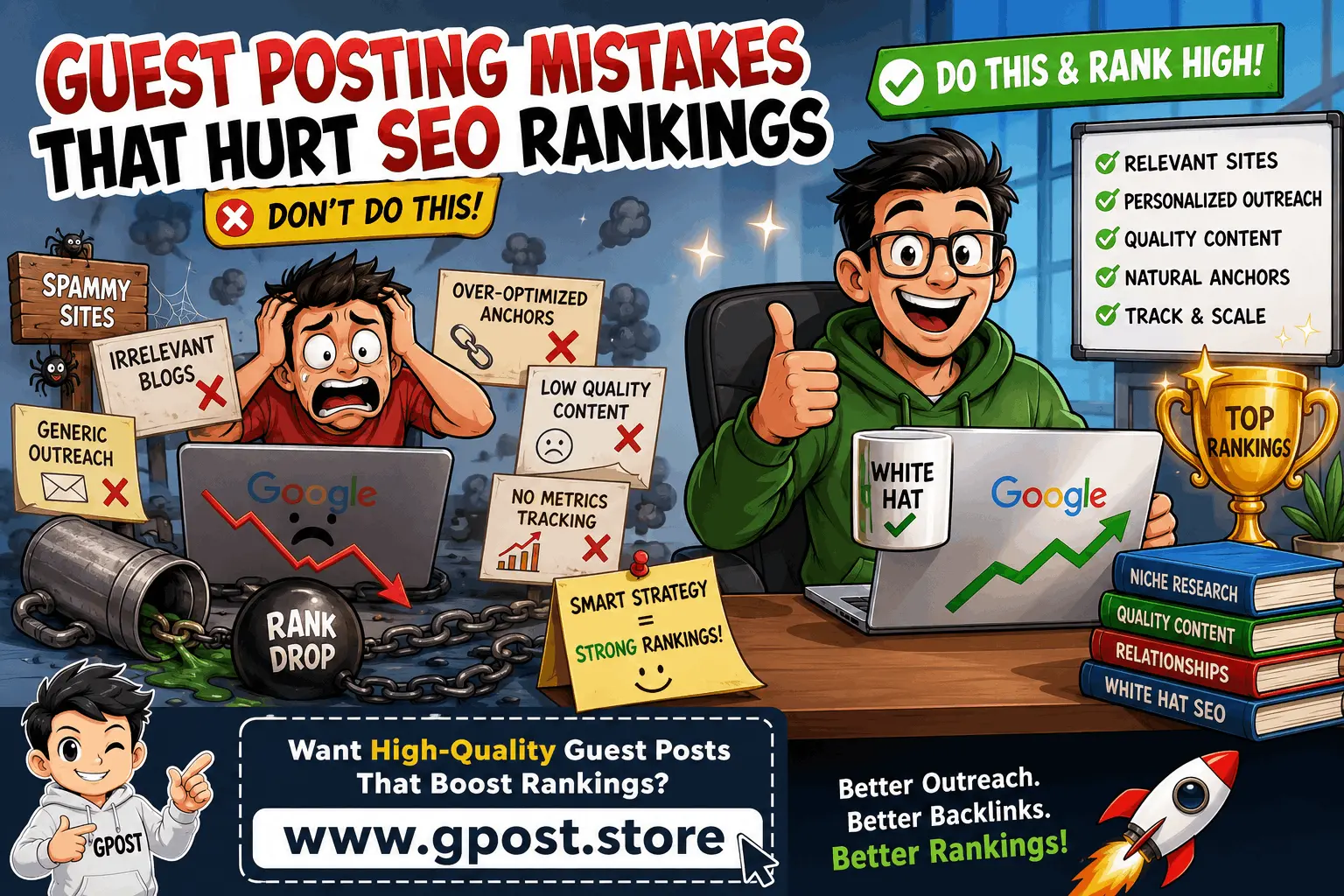 Guest posting mistakes that hurt SEO rankings workflow diagram showing outreach and backlink strategy process