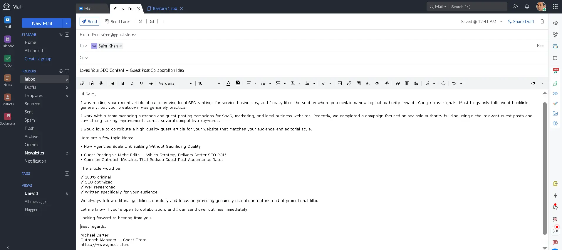 Example outreach email screenshot for guest posting showing personalized pitch template used by SEO agencies