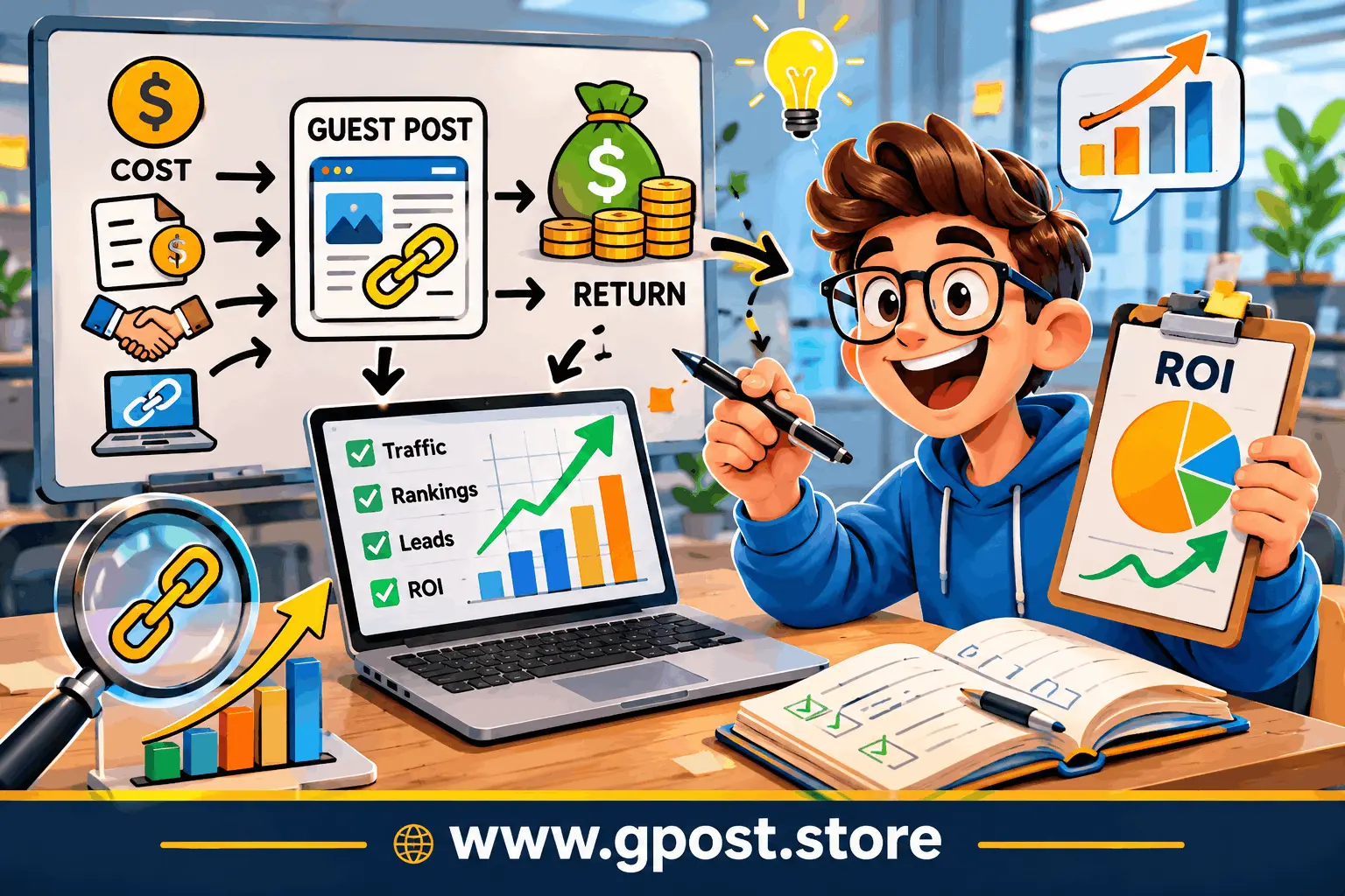 Guest posting ROI calculation method workflow showing cost vs return analysis in SEO campaigns