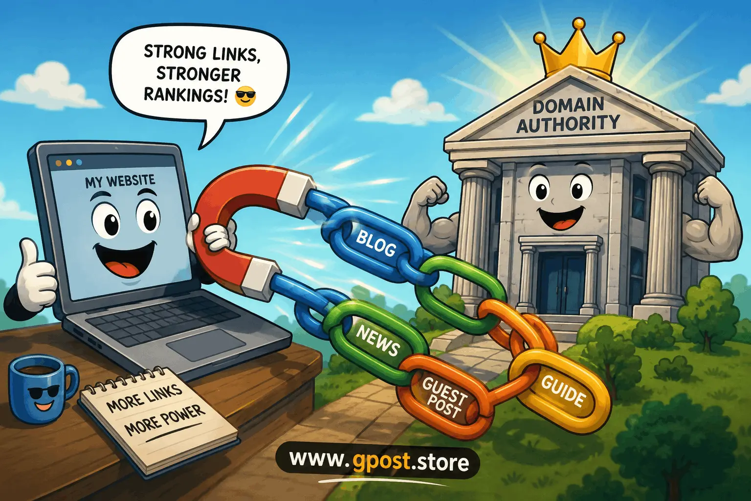 Link building affects domain authority process diagram showing backlink growth strategy