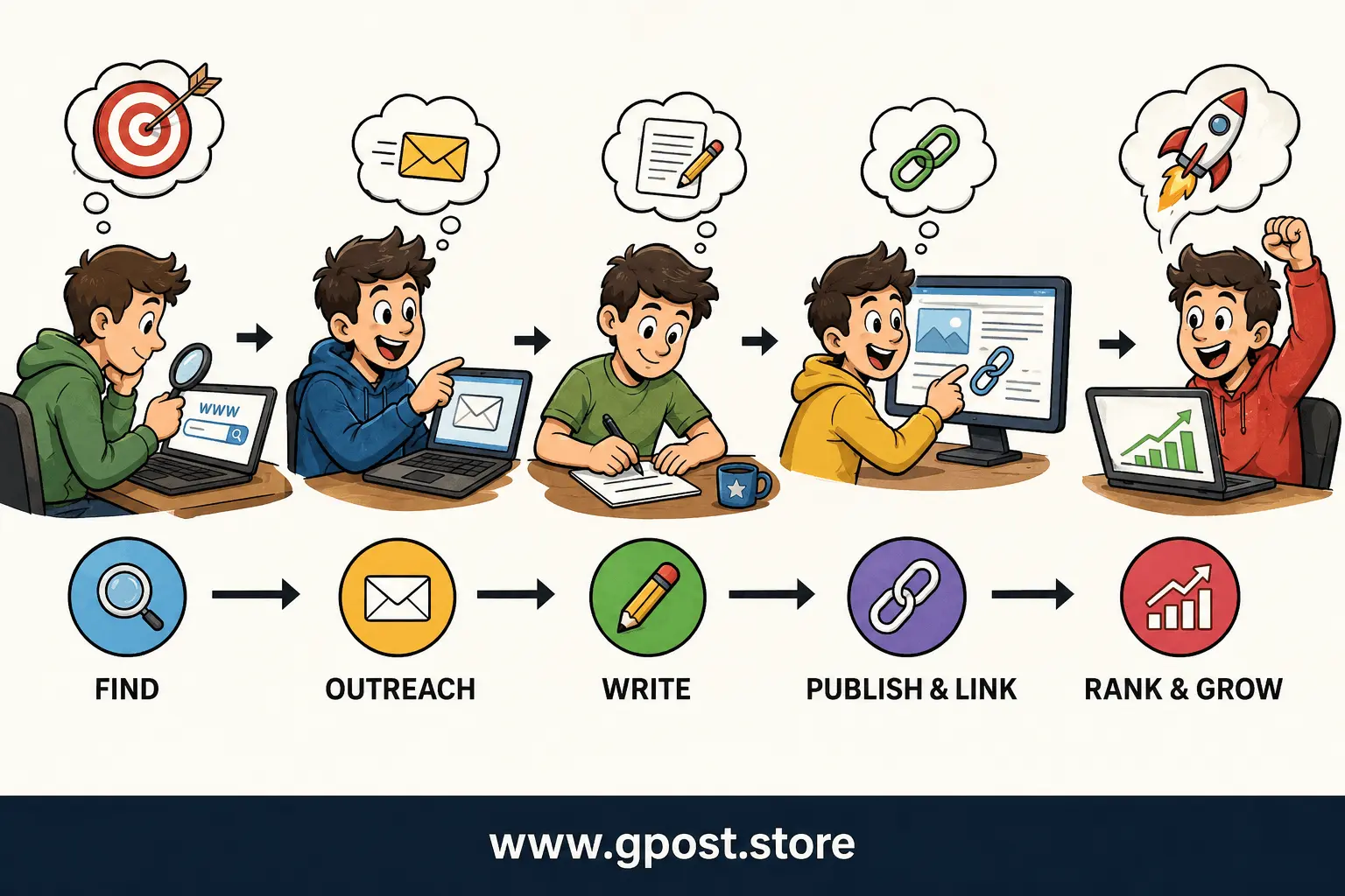 Step by step guest posting SEO process diagram showing outreach and backlink strategy