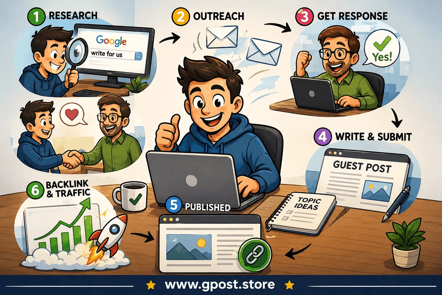 Guest posting outreach step by step SEO process diagram