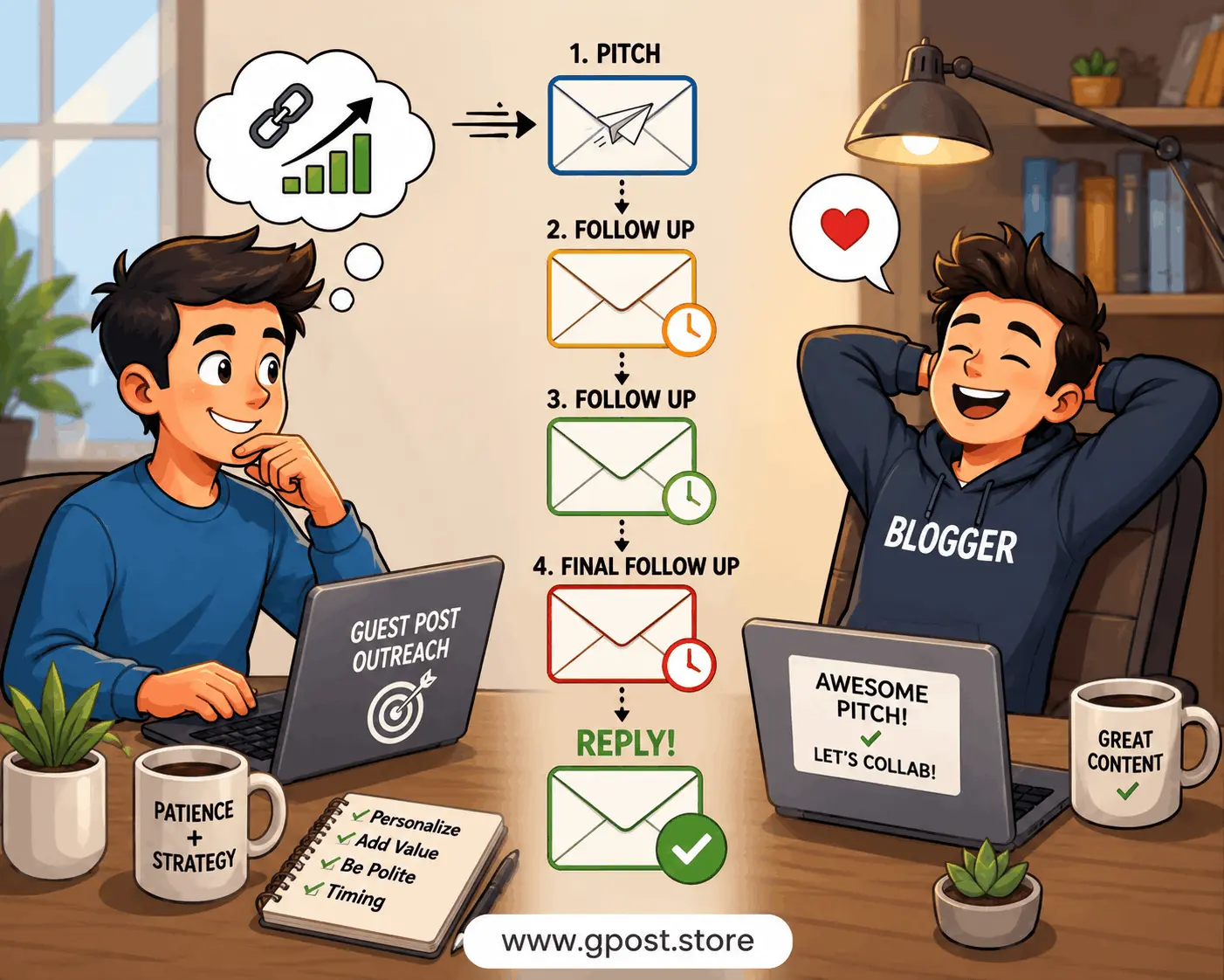 Guest post follow up email workflow showing outreach sequence and timing strategy