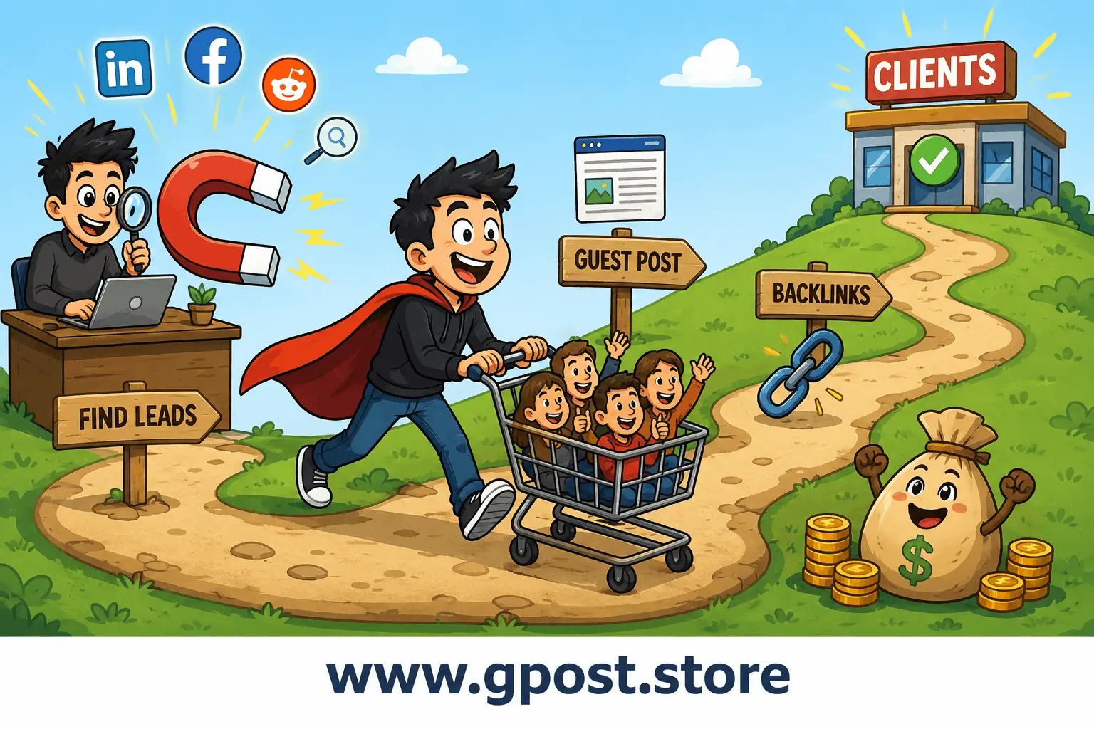 Guest posting client acquisition SEO workflow diagram