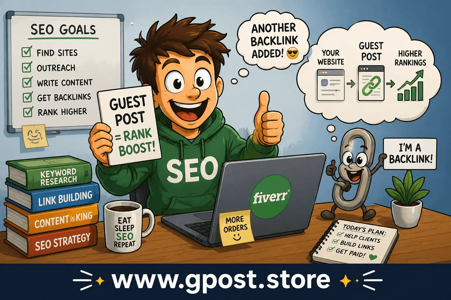 Guest posting SEO workflow diagram showing outreach, writing, and backlink placement process