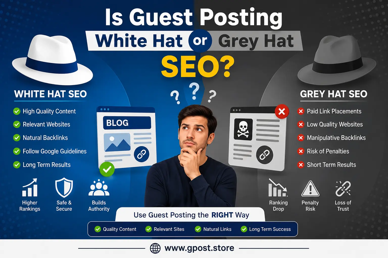 Guest posting SEO strategy diagram showing white hat and grey hat techniques