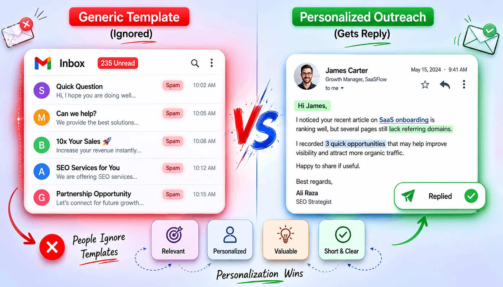 Before and after guest post pitch email comparison showing a rejected generic opener versus an approved personalized introduction