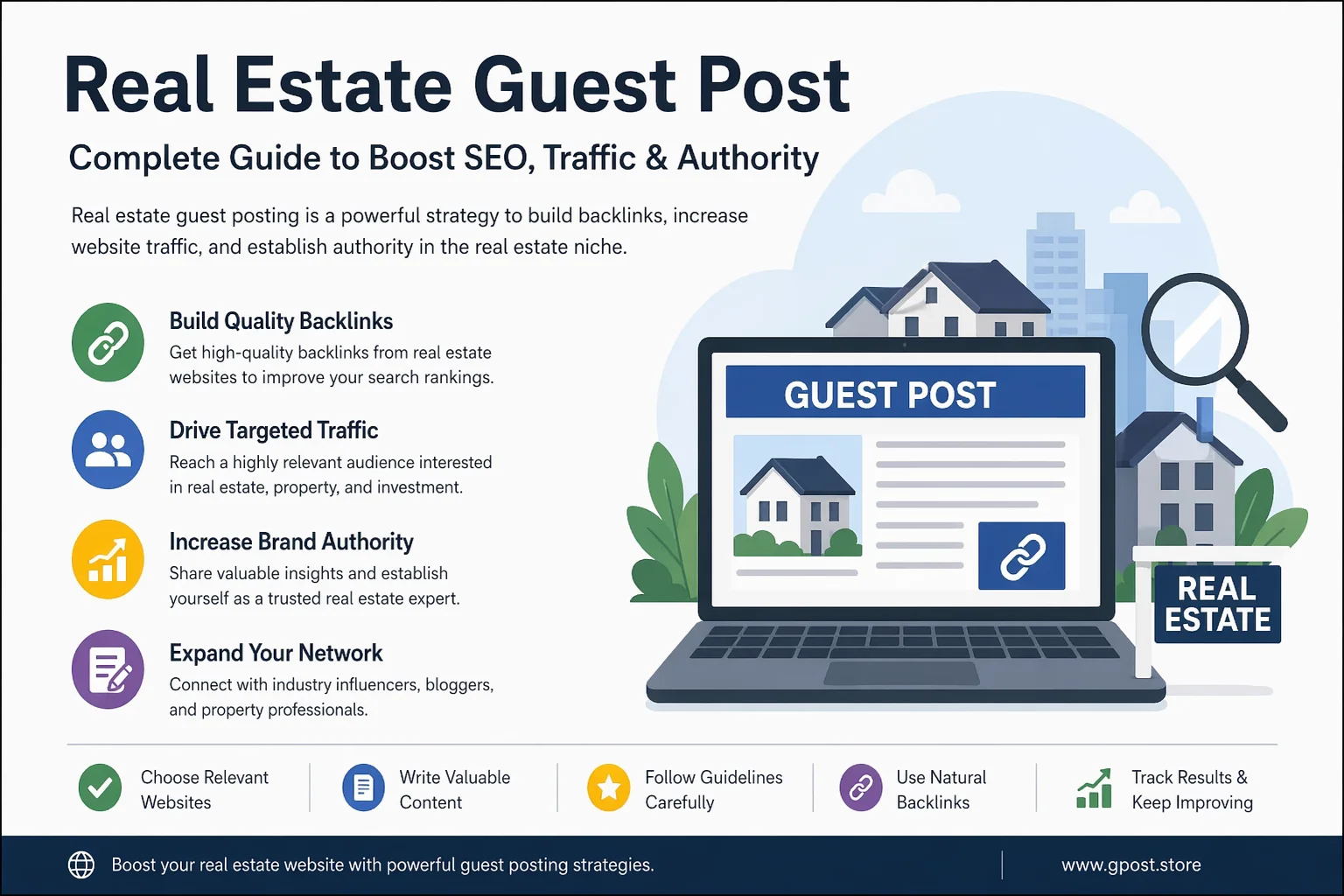 Real estate guest posting strategy and SEO backlink building concept