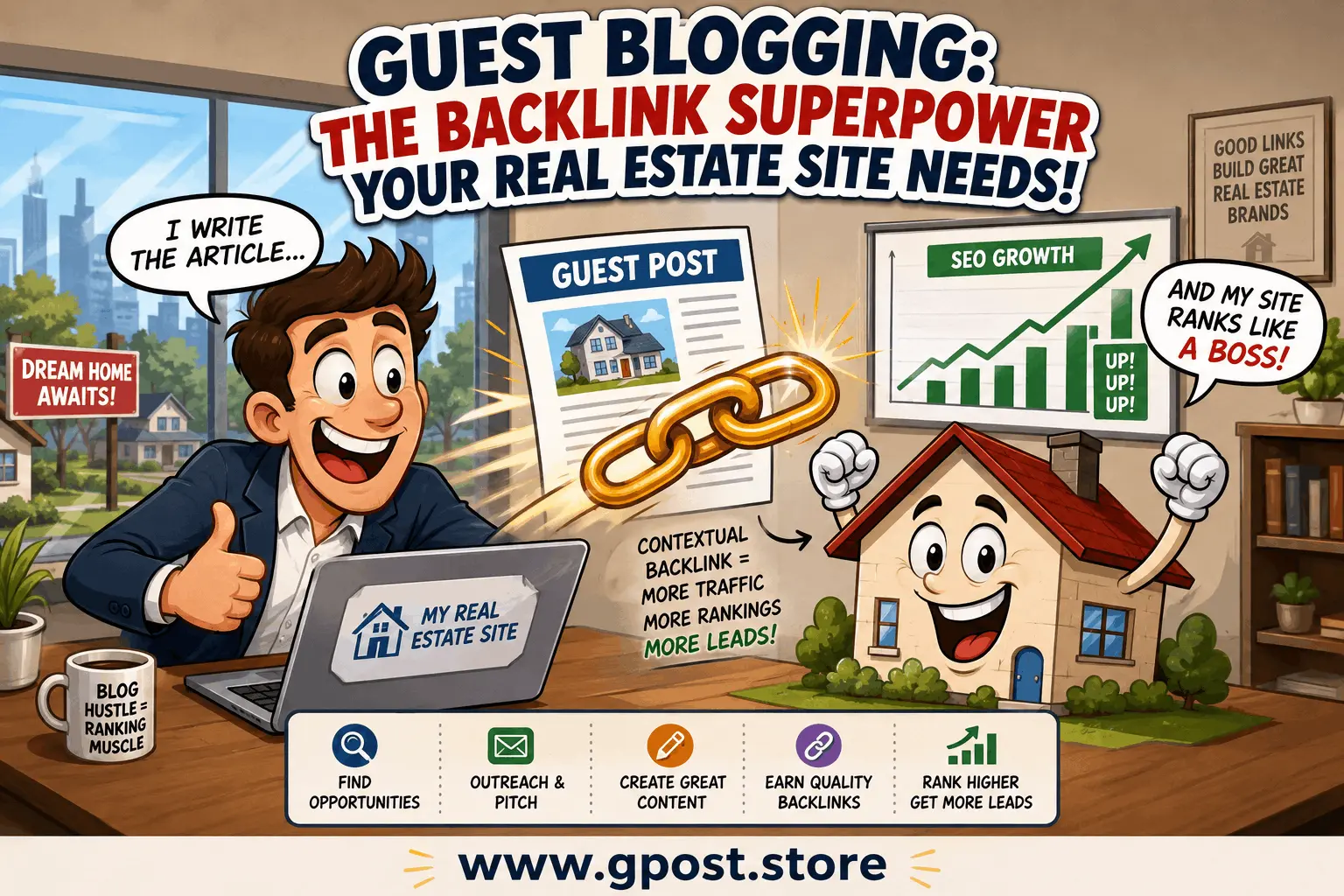 Real estate website SEO through guest blogging backlink strategy workflow diagram