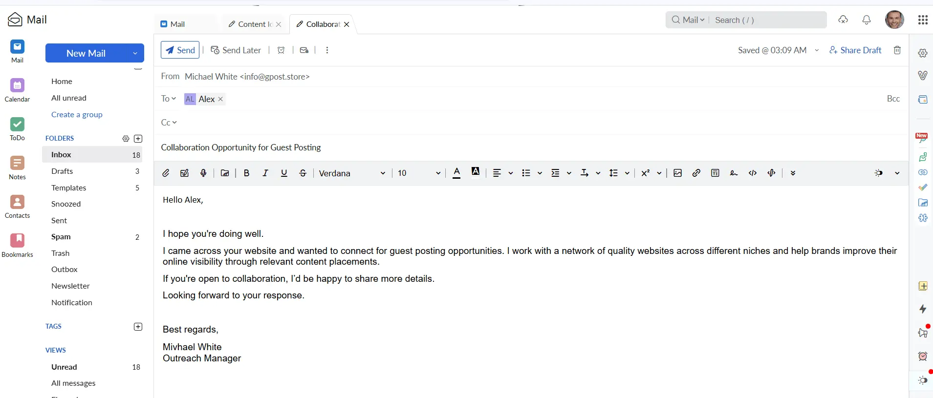 Real Gmail inbox showing sent guest post pitch emails with specific subject lines — names and domains anonymized for privacy