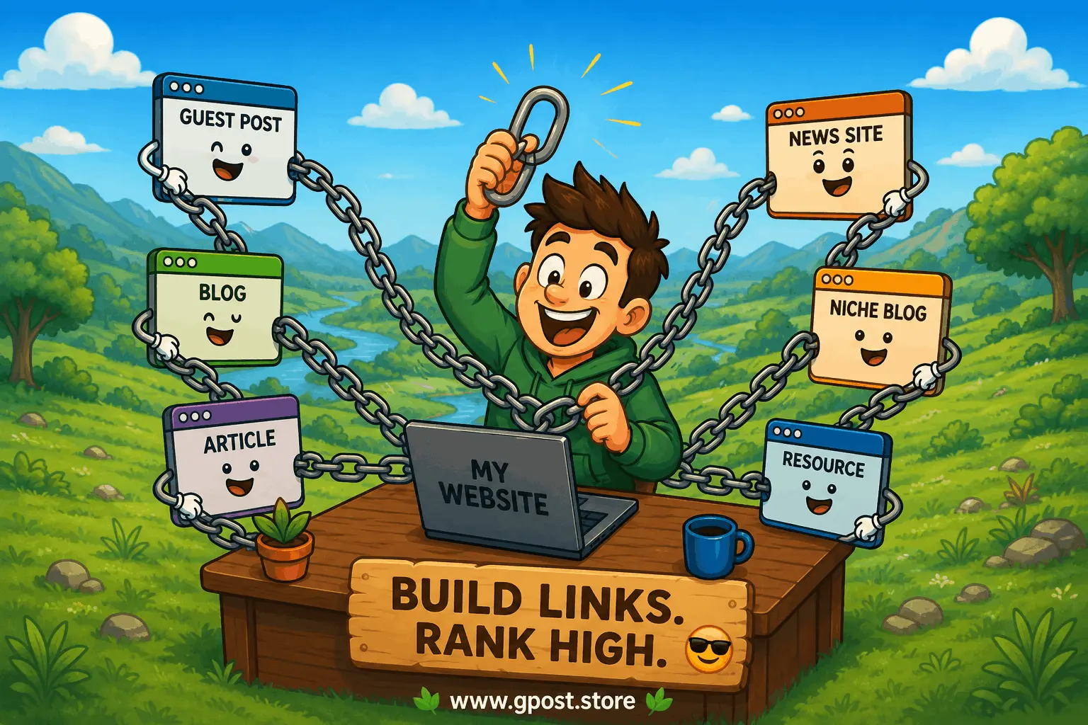 SEO backlink strategies for beginners step by step diagram showing link building process