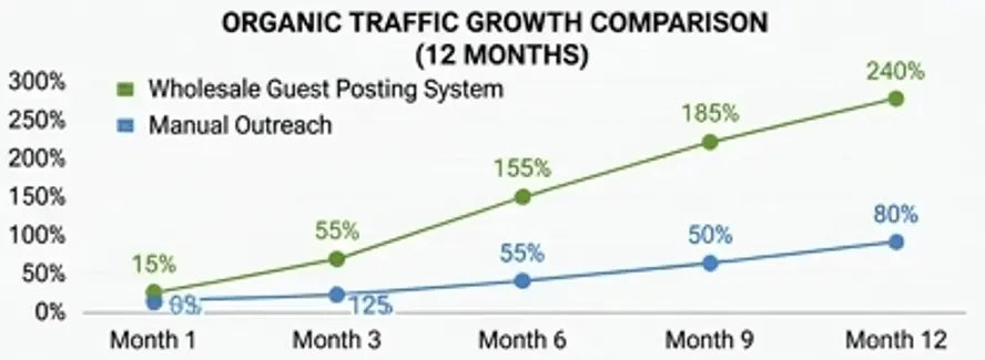 SEO organic traffic growth graph for agencies using wholesale guest posting systems over 12 months