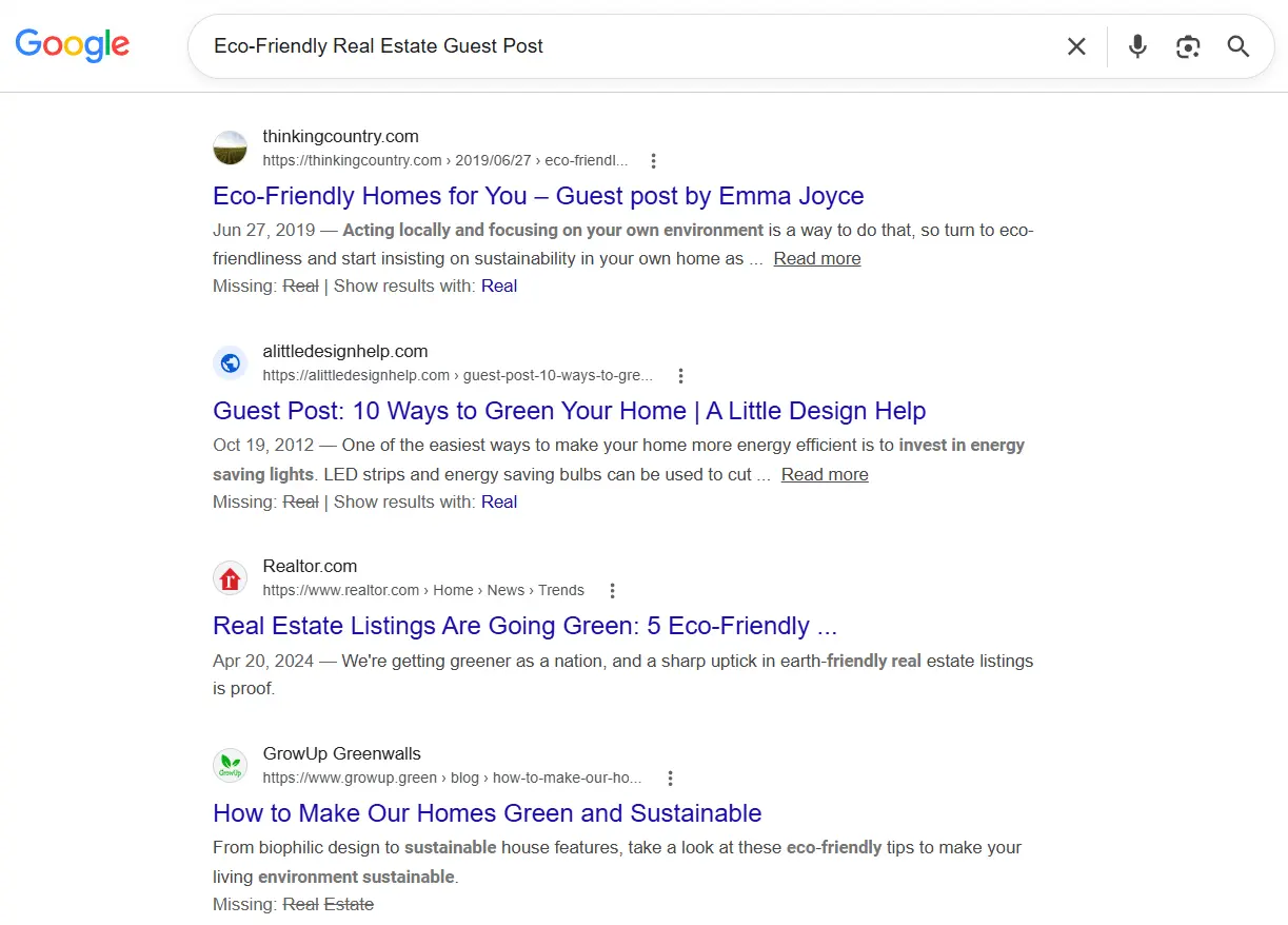 Google SERP screenshot showing search results for eco-friendly real estate guest post keyword in 2026
