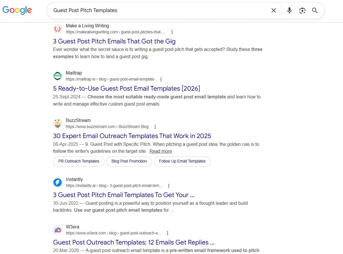 Google SERP results for 'guest post pitch templates' showing competitive search landscape in 2026
