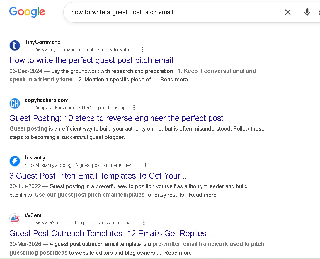 Google SERP results for 'how to write a guest post pitch email' — keyword research data