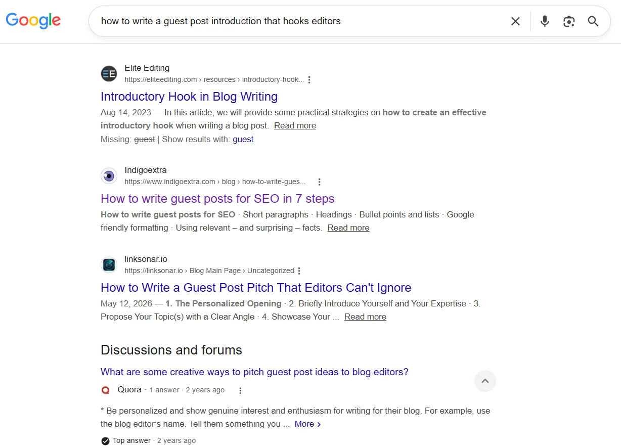Google SERP screenshot showing search results for how to write a guest post introduction that hooks editors