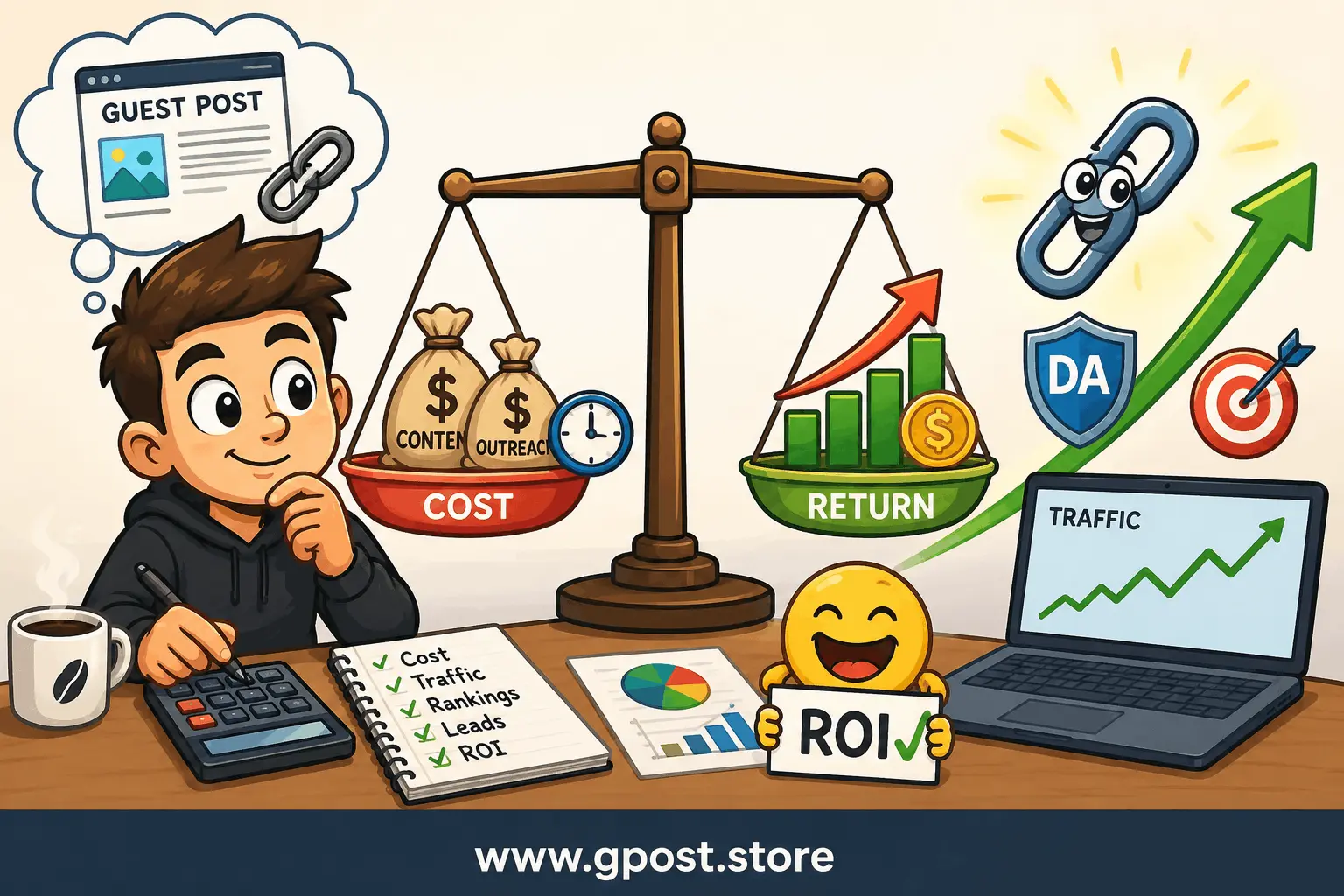 Guest posting ROI calculation method  showing cost vs return analysis in SEO campaigns