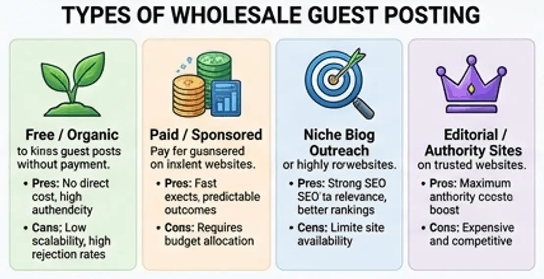 types of wholesale guest posting for agencies workflow diagram showing outreach and backlink scaling process