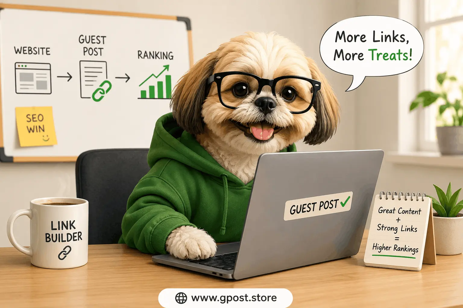 Funny guest posting in ecommerce marketing illustration showing how backlinks help websites rank higher on Google