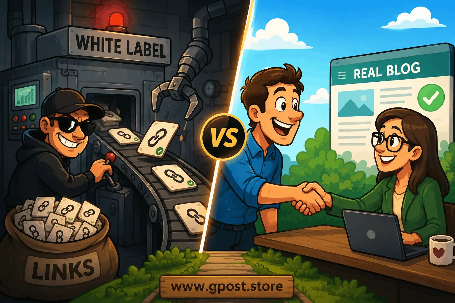 White label link building vs manual blogger outreach comparison chart showing cost, speed, and quality metrics