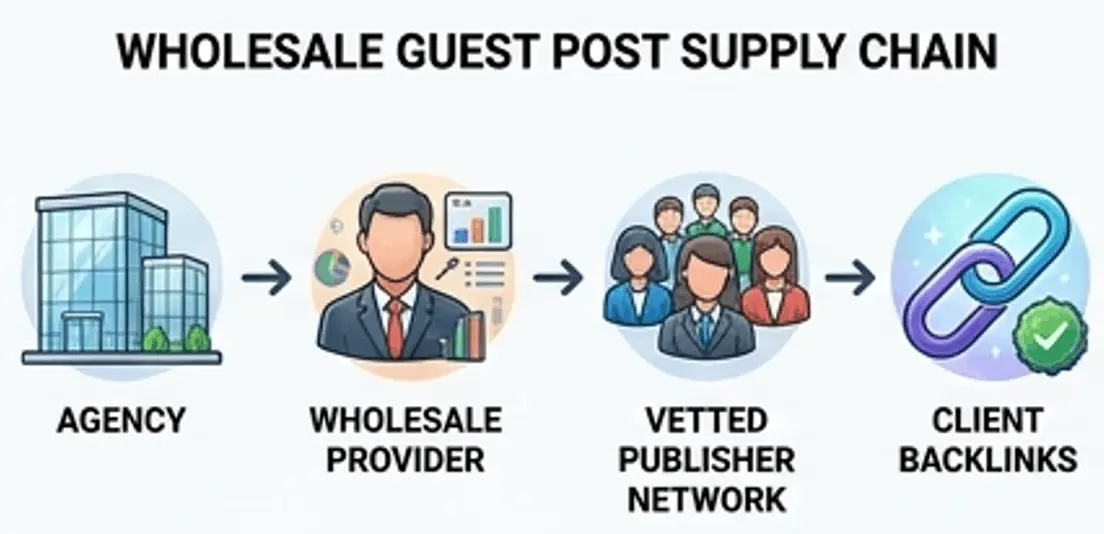 Wholesale guest posting supply chain diagram showing agency to provider to publisher workflow