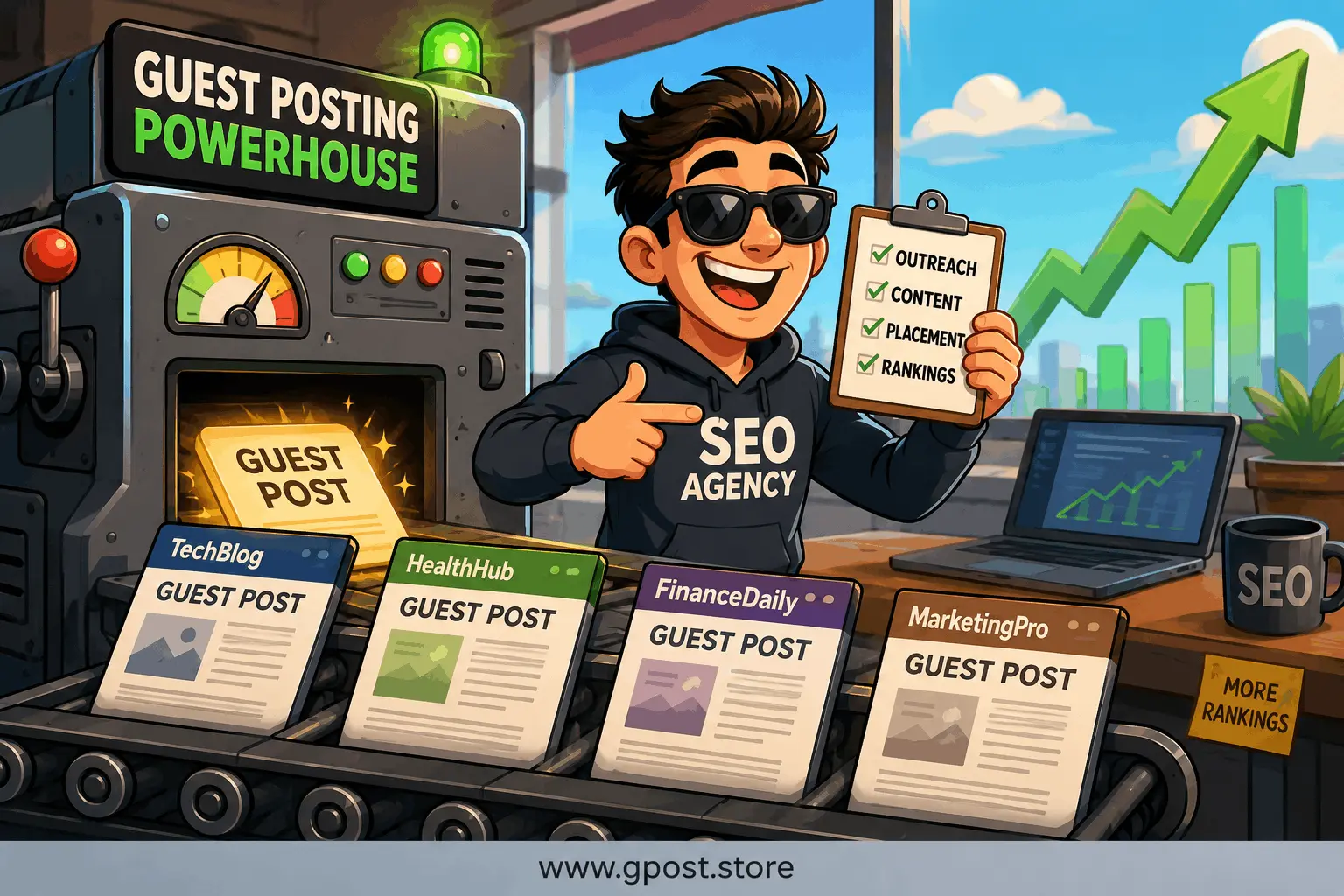 Wholesale guest posting service for agencies workflow diagram showing outreach and backlink scaling process
