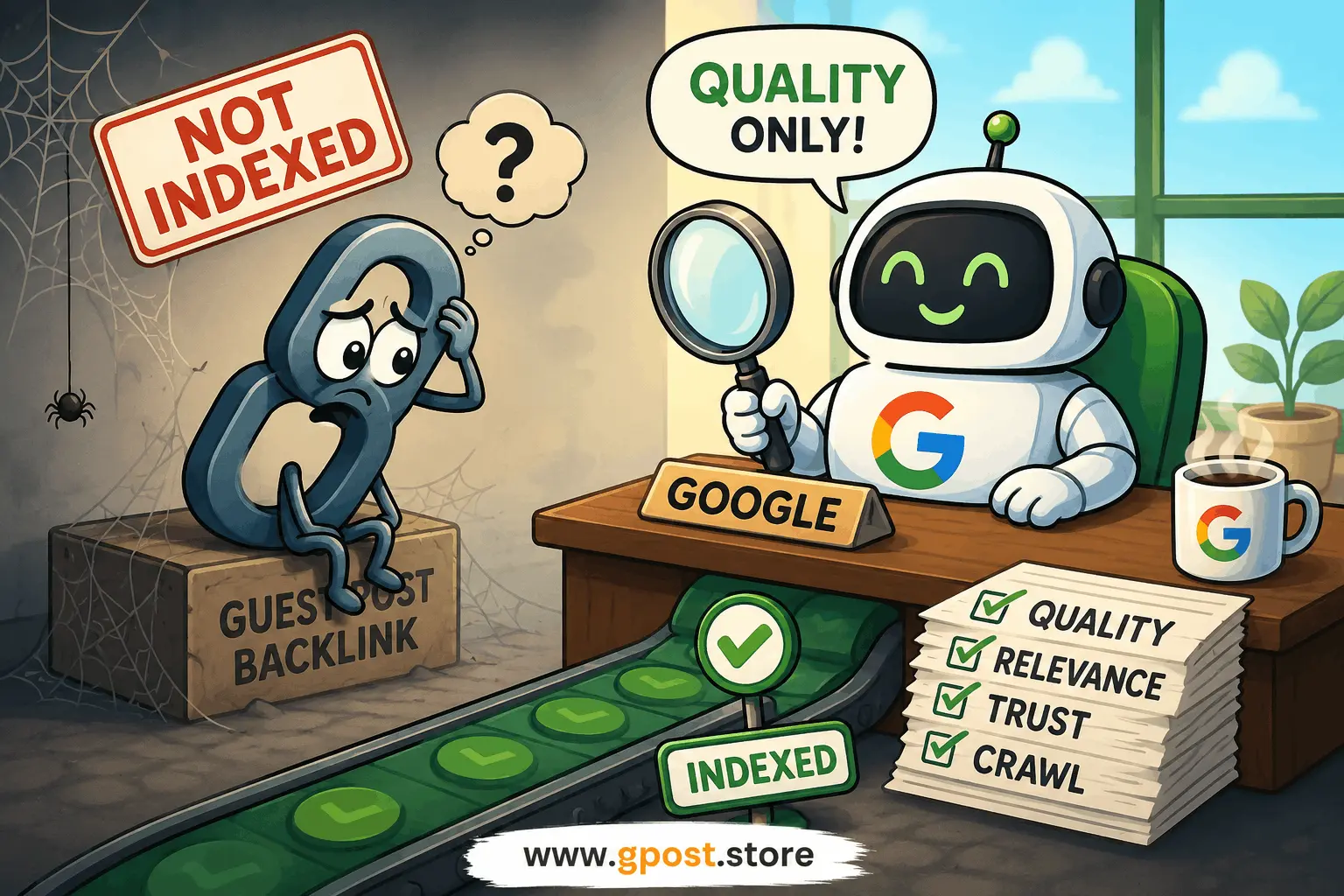 Why guest post backlinks are not indexed workflow showing crawling and indexing process