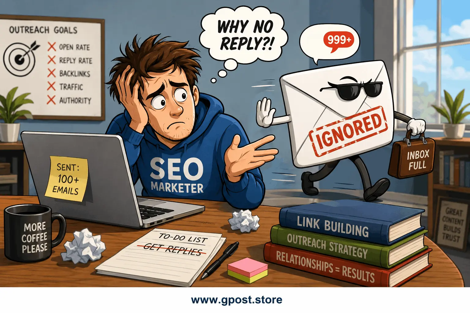 Why nobody responds to my cold outreach emails process diagram showing outreach failure points and SEO link building workflow